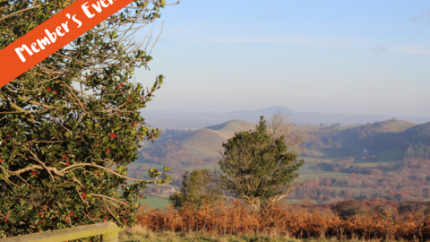 Holly trees in front of rolling hills (member's event banner in corner)