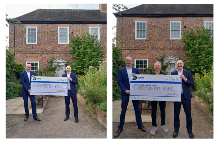 2 photos depicting 3 men holding a large cheque made out to SWT for £500