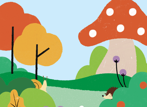 Illustration of a colourful, abstract landscape with a pale blue sky. In the foreground of the image are hedges, flowers, a hedgehog, and a snail. In the background are trees and an oversized mushroom.